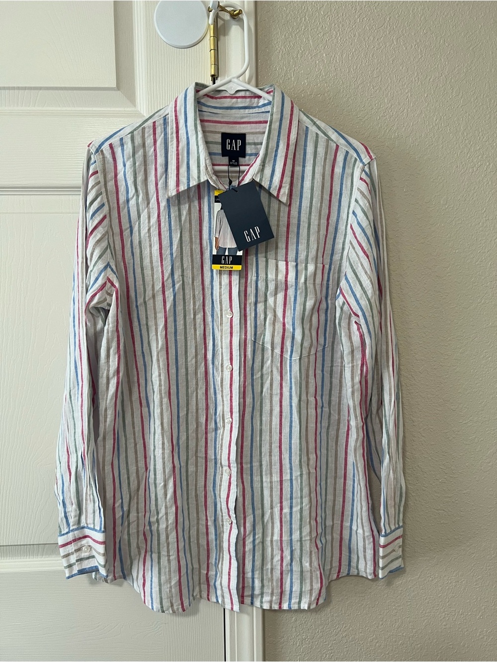 GAP Linen Button Down Shirt Medium Beetroot Multi Stripe NWT Coastal
